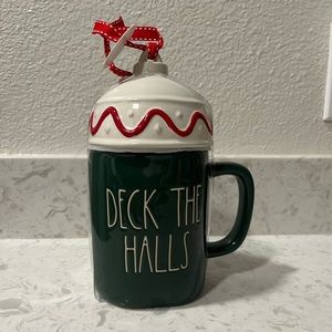 Rae Dunn Holiday Deck The Halls Coffee Cup Mug with Topper Lid